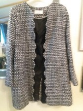 Helena Berman London Collarless Long Coat Ladies 16 Navy/white Smart Designer