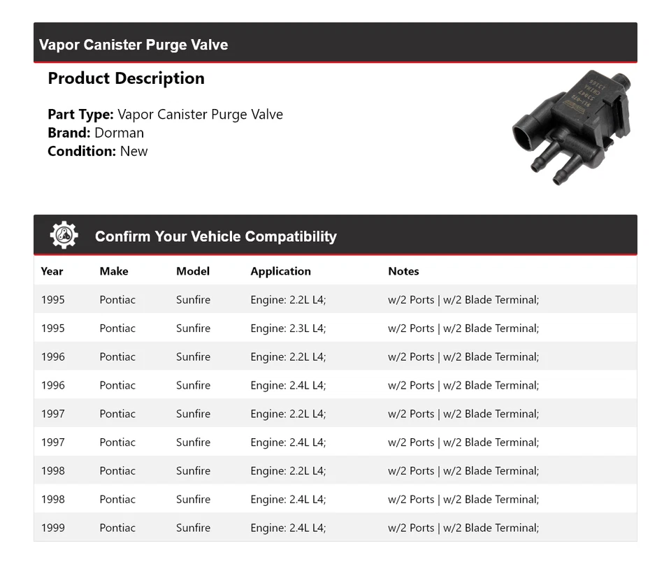Válvula de purga de bote de vapor Pontiac Sunfire Dorman 1995-1999 1996 1997 1998 Foto 2 de 4