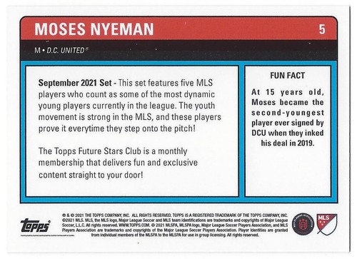 2021 Topps Future Stars Club September #5 Moses Nyeman D.C. United - Picture 2 of 2