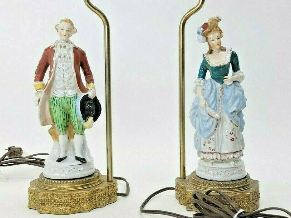 Antique Porcelain Figural Lady & Man PAIR Lamp Brass Pedestal Base w/ Chandelier - Image 2 of 4
