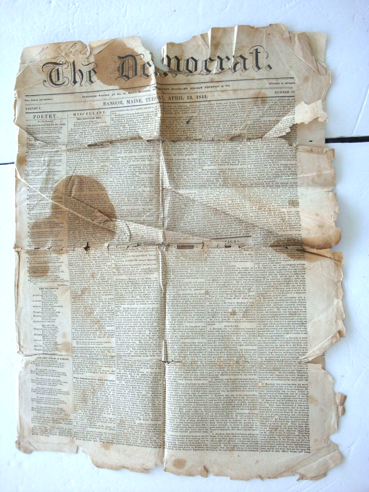 1841 Maine National Guard Meeting Ad  The Democrat Bangor Maine FULL Newspaper