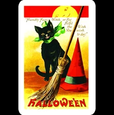 Halloween Sign 8x12 Vintage Cute Smiling Black Cat Witch Broom Hat Wish Fulfil