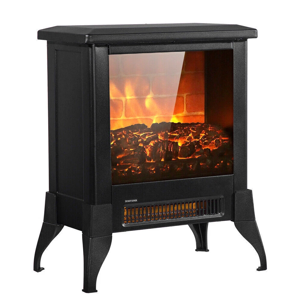 US Electric Fireplace Fire Fake Wood Flame Heater Stove Ironu0026amp;Glass  Burner 1400W | eBay