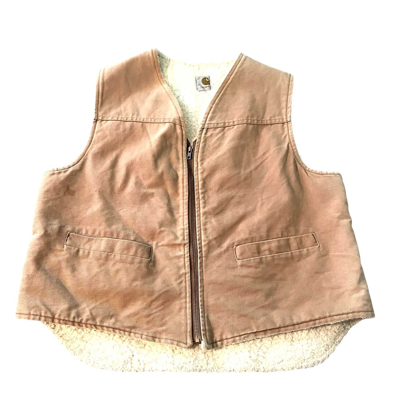 Carhartt Vest Mens XL Brown Canvas Sherpa Lined Insulated Zip Front Workwear