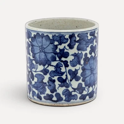 New Chinoiserie Porcelain Dynasty Orchid Pot Peony Vine Motif in Blue & White 7" - Image 1 of 2
