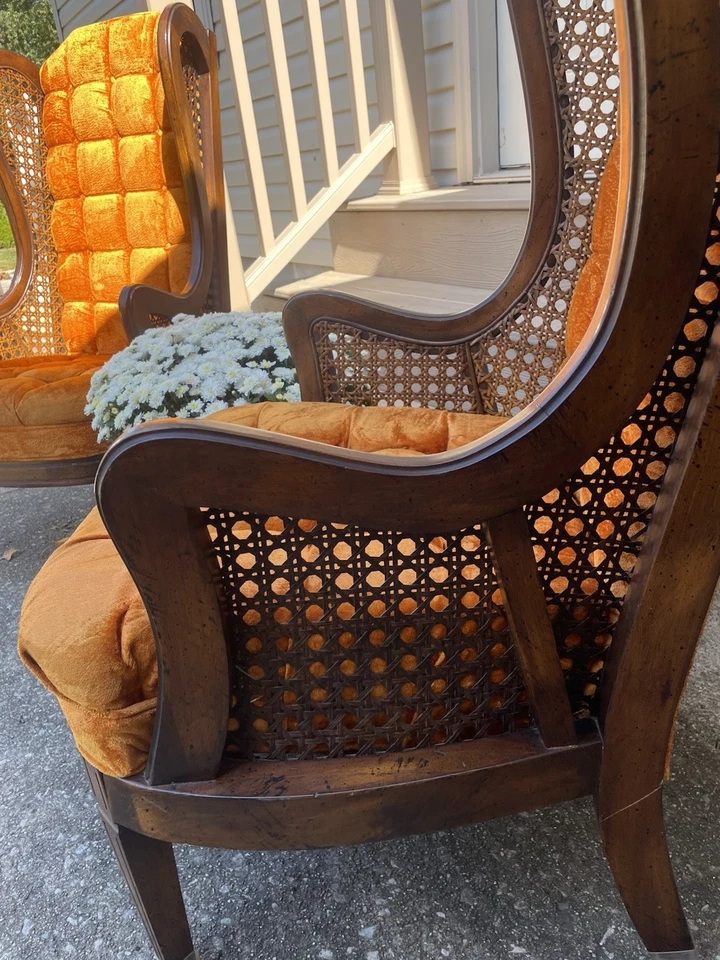 Par de sillas con respaldo de ala de caña de terciopelo acolchado de Lewittes Foto 4 de 4