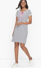 T by TALBOTS Striped Lace-Up Tunic Dress White Navy Pink Cotton Size Mp Petite