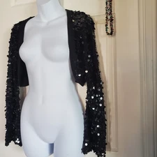 Cejon Bolero Sequin Shrug Crop Long Bell Sleeves Open Size Medium Large Black