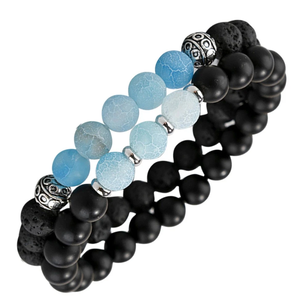 VALENTINO Set 2 Pezzi Bracciale Pietra Blu Ghiaccio Set Perline Naturali Uomo Miss per Coppie