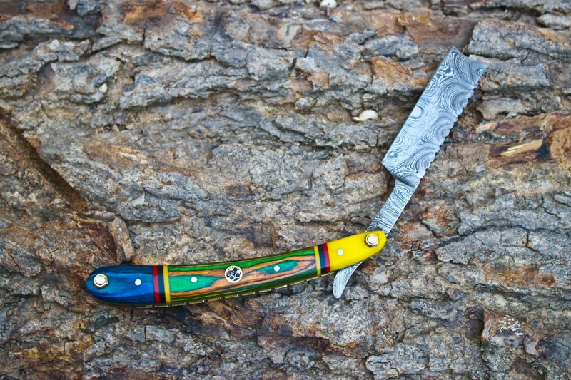 Handmade Damascus Steel Straight Edge Barber Hair Shaving Razor Folding Knife