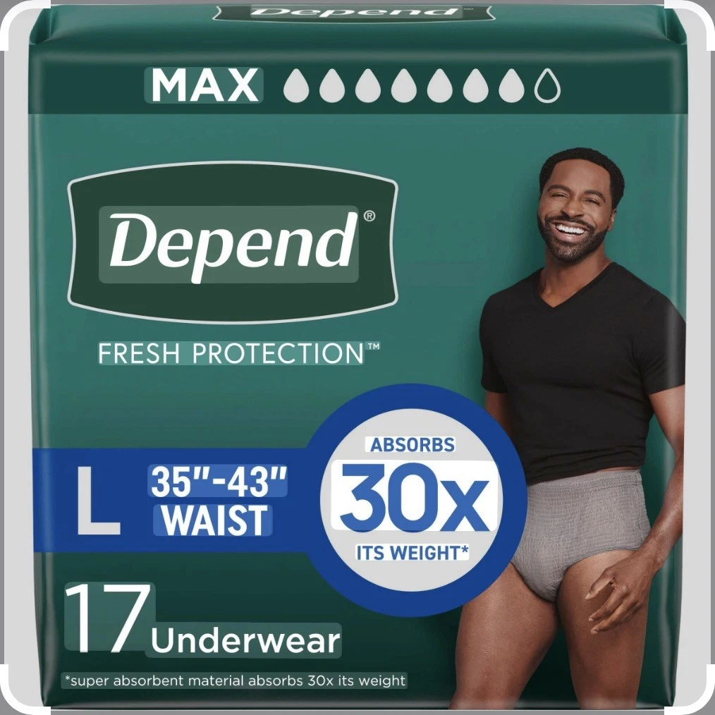 Depend Men's Adult Diapers, Fresh Protection, Max Absorbency, Large - Pack of 17