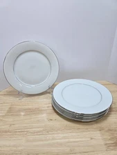 6 Noritake Whitehall 6115 White Floral Platinum Trim 10.5" Dinner Plates Set