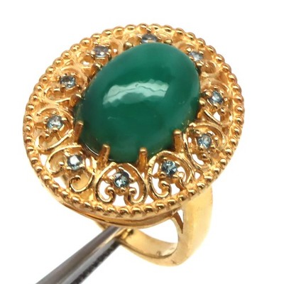 925 Sterling Silver 10 x 14 MM. Green Emerald Blue Sapphire Ring Size 7.75