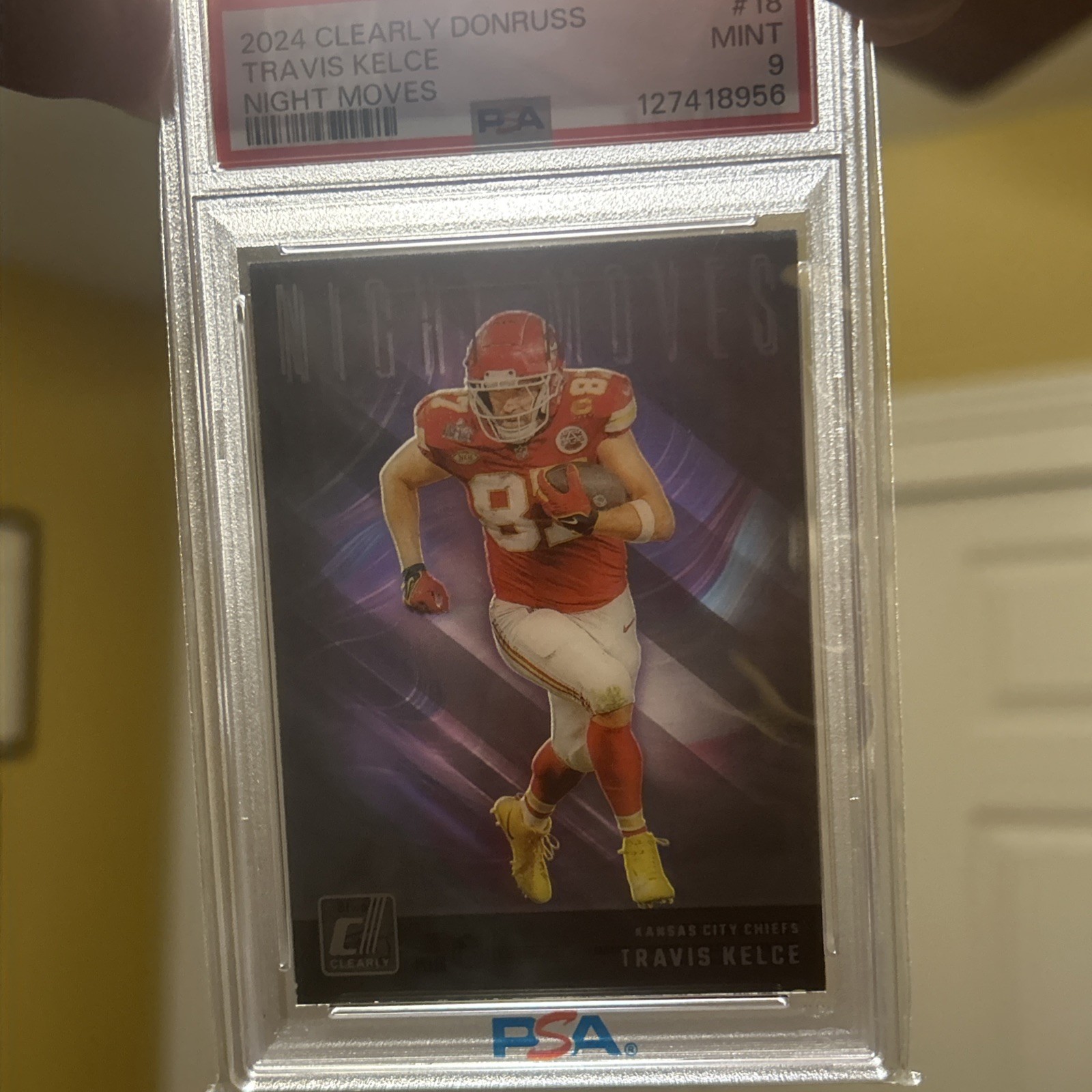 2024 Panini Clearly Donruss Travis Kelce #18 Night Moves SSP Case Hit - PSA 9 view 4