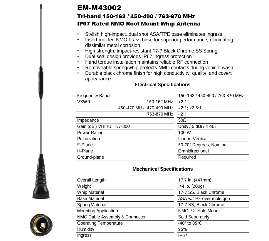 VHF-UHF-700Mhz- 800Mhz P25 ALL BAND RADIO ANTENNA MOTOROLA APX XTL HARRIS EFJ