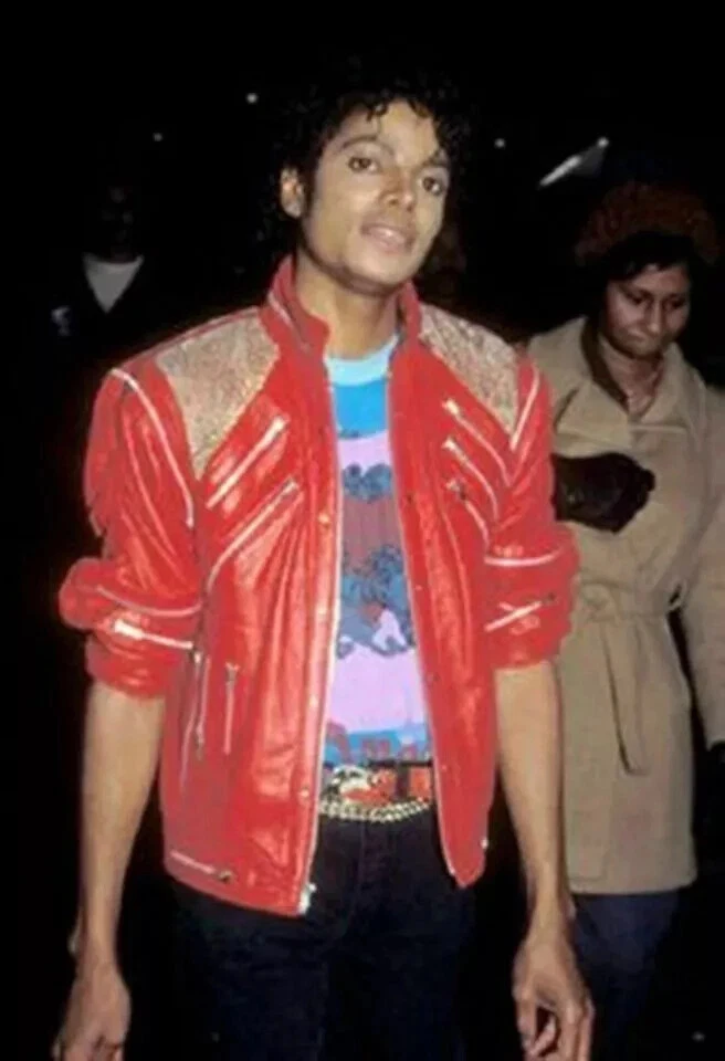 MJ Beat It Michael Jackson Red Leather Jacket with Real Metal Mesh, Size Large