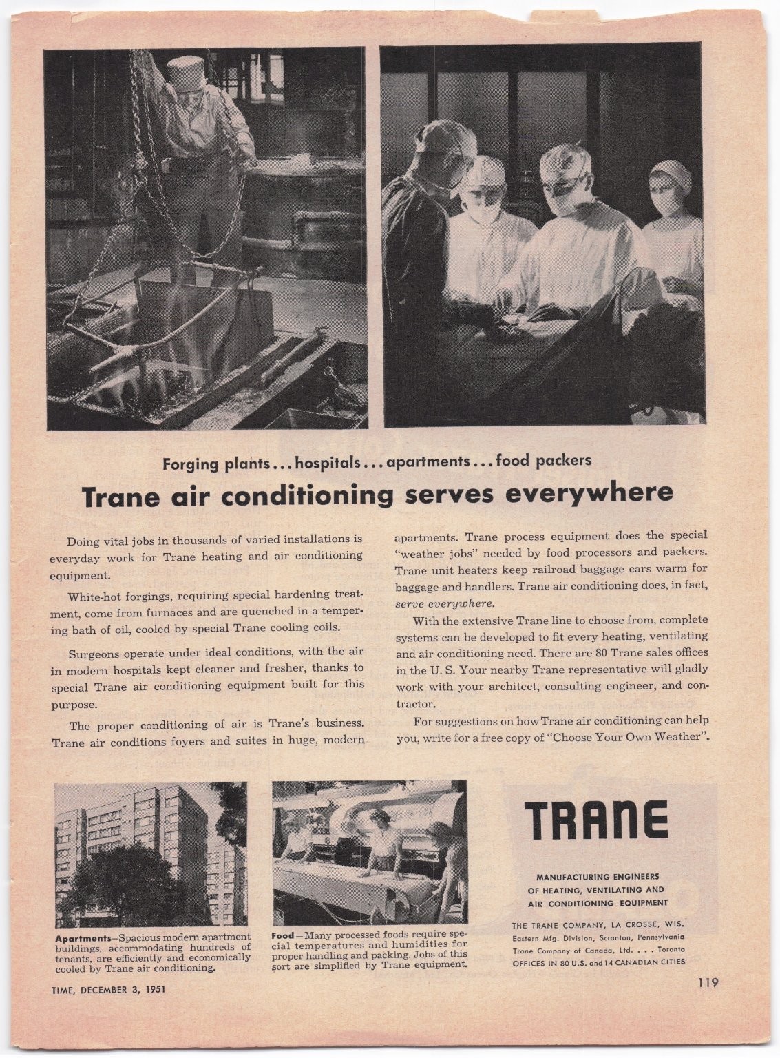 Trane Magazine Ad 1951 Air Conditioning Forging Hospitals