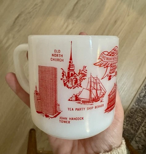 Vintage Federal Coffee Mug Milk Glass Souvenir Cup "Many Worlds of Boston" Mass