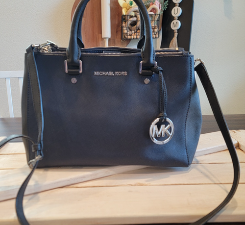Michael Kors Kellen Saffiano Leather Satchel Handbag Shoulder Bag Black Navy
