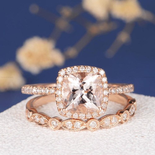Conjunto de anillo de boda de diamantes morganita oro rosa 14k joyería fina