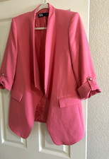 ZARA Pink Blazer Jacket SMALL Open Front Roll Tab Sleeve Shoulder Pads 90s style