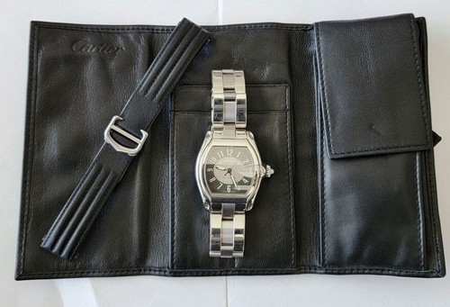Cartier Roadster Automatic Steel Gray Silver Tuxedo Dial Watch + Extra Strap