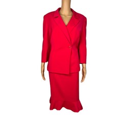Le Suit Polyester Skirt Suit Size 14 Wrap Ruffle 3/4 Sleeves Pink Ruffle 2PC