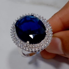 2ct Women's Oval Created Blue Sapphire CZ Double Halo Engagement Ring 925 Silver