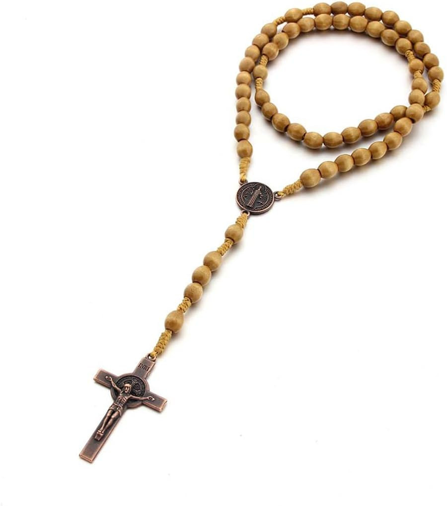 Katholisches Kreuz Rosenkranz Halskette, Naturholz Gebetskette mit Medaille Kreu