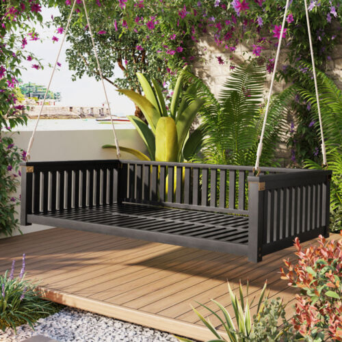 Patio Minimalist Twin Size Garden Swing Bed Wood Porch Swing with Ropes, Black