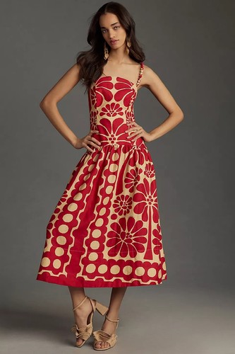 Farm Rio Linen Palermo Dress Anthropologie Beaded Strap Midi Floral Red XS NEW