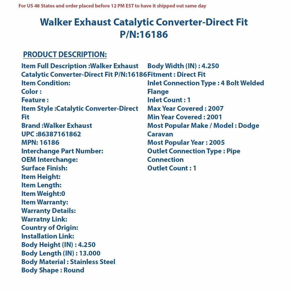 Convertidor catalítico de escape Walker - ajuste directo 16186 Foto 4 de 4
