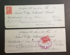 1900 FOREST CITY Rockford Illinois Used Bank Check LOT Revenue Stamp z2029