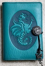 Oberon Design Leather Small Journal Cover  DRAGON-COCKATRICE in TEAL