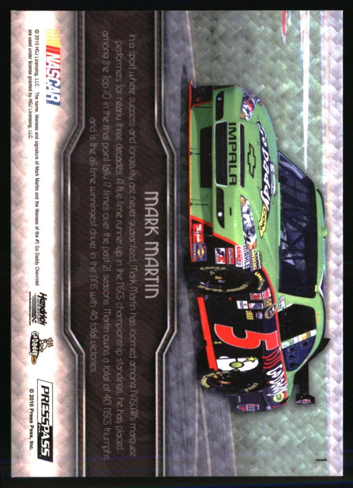 Mark Martin 2010 Press Pass Showcase #1 /125 Racing Card - Image 2 of 2