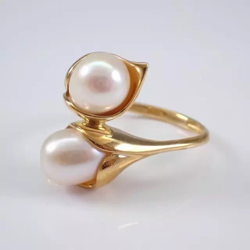 Natural Pearl 2.00Ct Pear Calla Lily Bypass Wedding Ring 14K Yellow Gold Plated - Picture 5 of 6