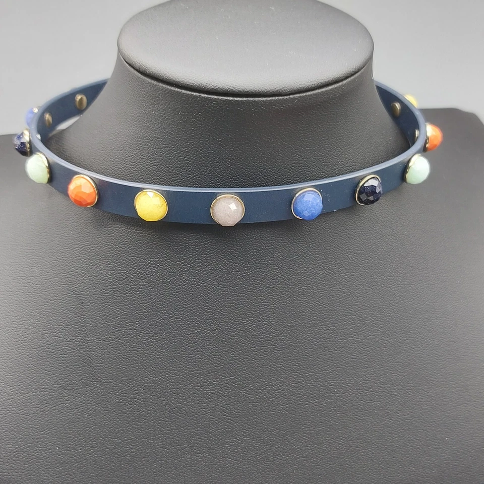 Collar de perro negro fósil firmado 14-15" cuentas multicolores borde tono dorado Foto 4 de 4