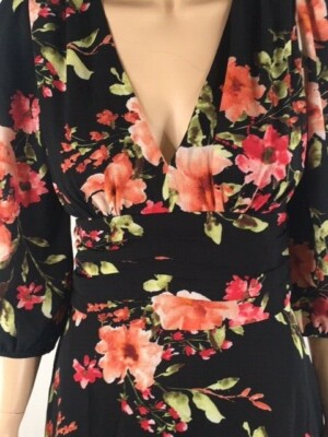 aqua black floral dress Navy and Aqua Floral Wrap Maxi Dress with 3/4 Sleeves main image 1