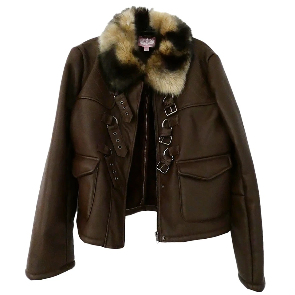 Chaqueta de piel de motociclista Romeo Juliet Couture nueva sin etiquetas marrón imitación cuero de oveja M Foto 3 de 4