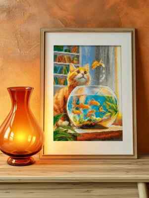 RIOLIS Counted Cross Stitch Kit 2218 Ginger Observer - Orange Cat & a Fish tank