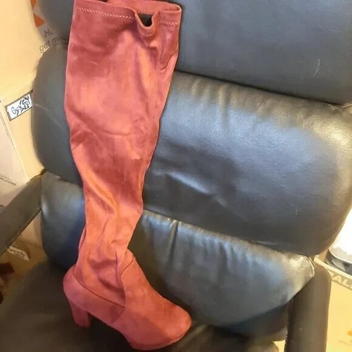 NEW ! WMN Over the Knee Faux Suede Block High Heel Toe Boots Burgundy Party Sz10 - 第 1/9 張圖片