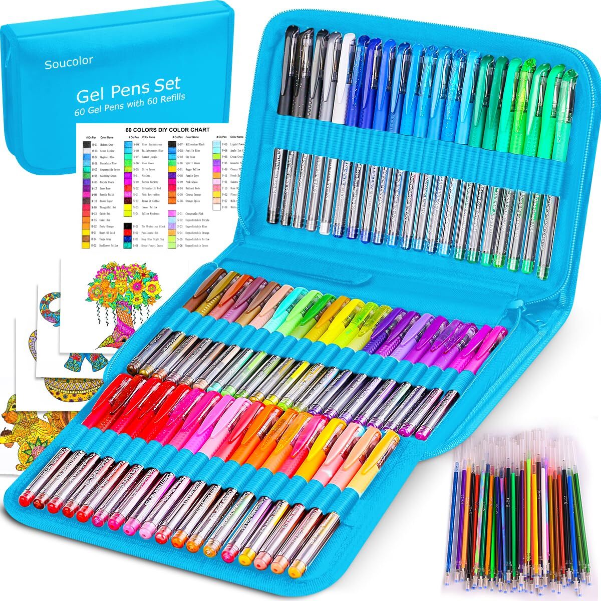 Pens for Adult Coloring Books, Deluxe 120 Pack-60 Colored Pens, 60 Refills an...-image