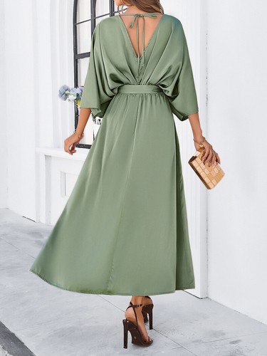Moda Para Mujer Elegante Maxi Vestido Suelto Largo Dividido Cuello en V Cintura Alta Corbata - Imagen 17 de 24