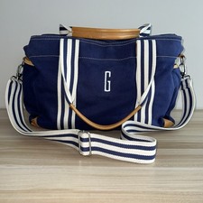 POTTERY BARN KIDS Navy Blue Diaper Bag Canvas Baby Tote Leather Trim Monogram G