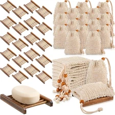 Soap Exfoliating Bag Holder Set Included Bathroom Wooden Soap Dish Pine Wood ...