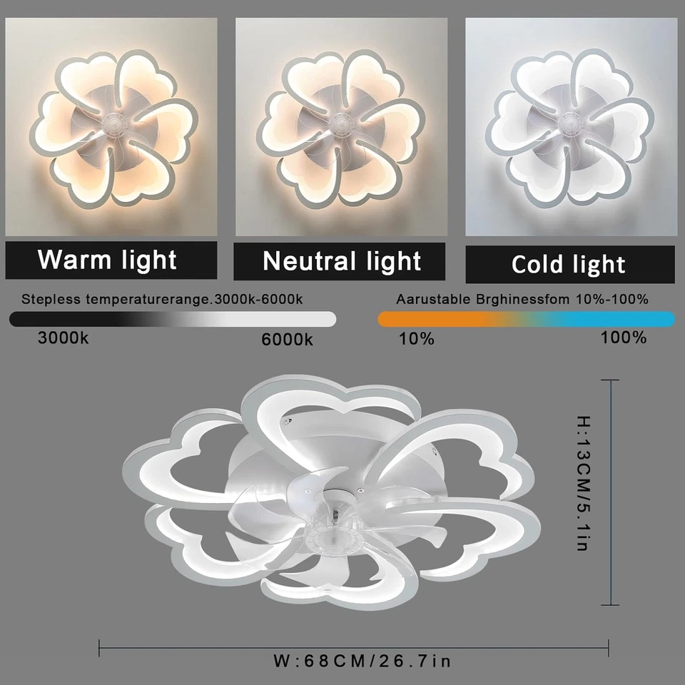 Fiore Ventilatore Da Soffitto Con Luce E Telecomando,Dc 6 Velocità Lampadario Co - Immagine 3 di 4