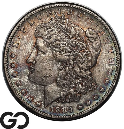 1884-S Morgan Silver Dollar Coin, Color Toner, Choice AU Better Date