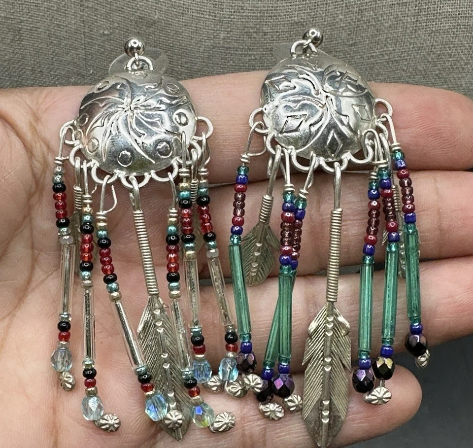 VTG Sterling Silver Handmade Native American Beaded Feather Dangle Earrings 3" - Image 2 of 4