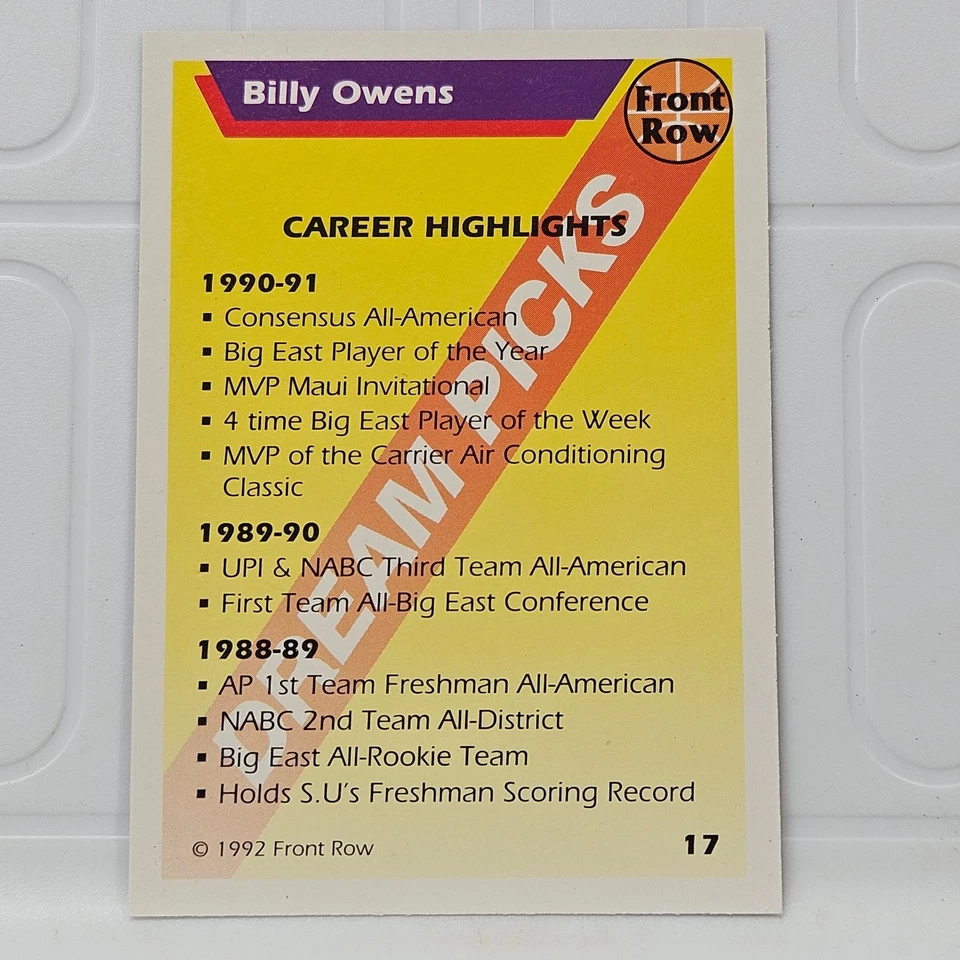 Billy Owens 1992 Syracuse Orange Front Row Basketball Card #17 - Image 2 of 2