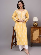 Women's Yellow Rayon Chikankari Straight Kurta Hand Work, Ethnic Kurta